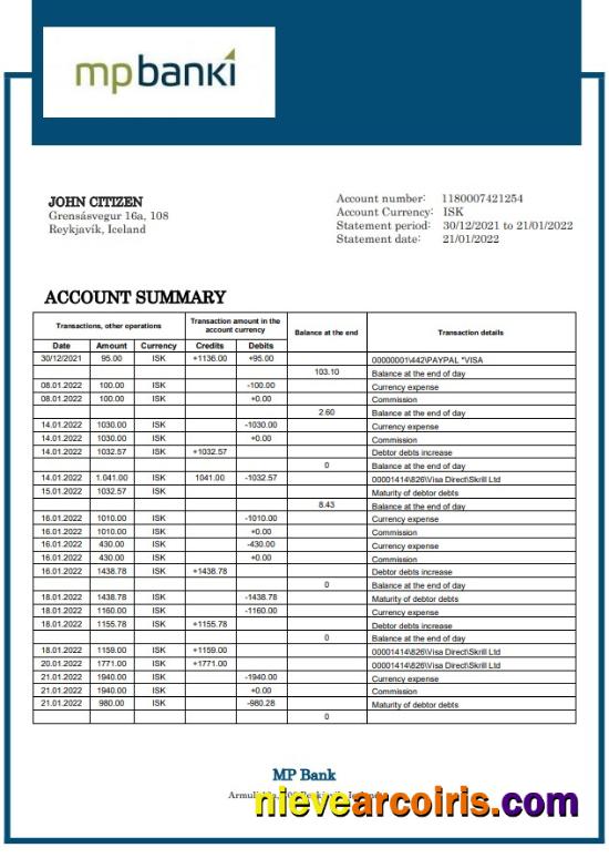Iceland MP bank statement